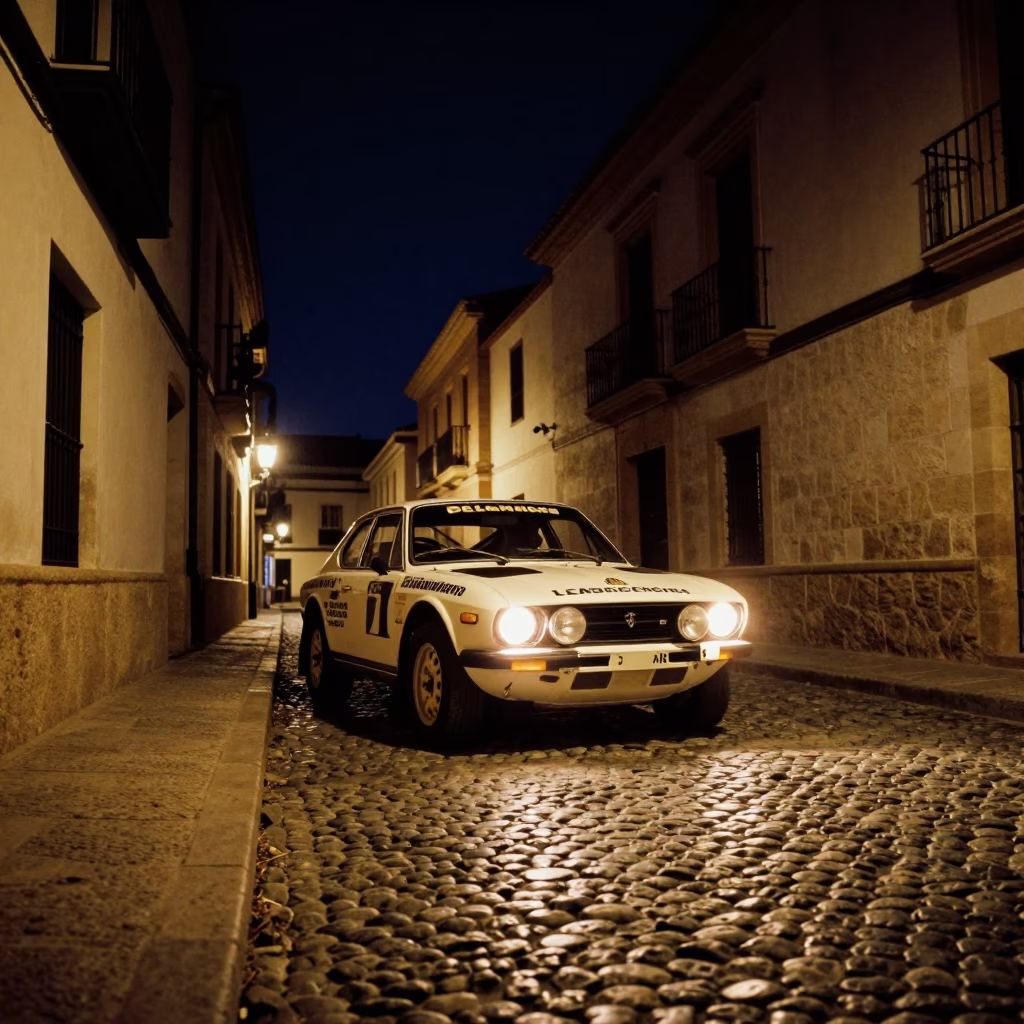 Vintage Car Rally Night Stop Granada Spain Cobblestone Street in in Granada, Spain