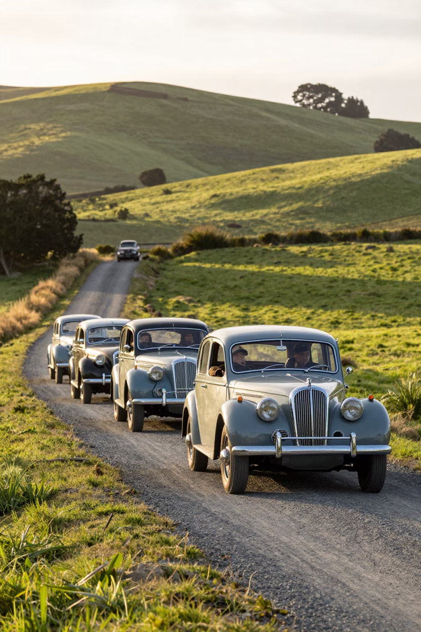 Vintage Car Rally on Christchurch Countryside Lane Just After Sunrise in in Christchurch, New Zealand