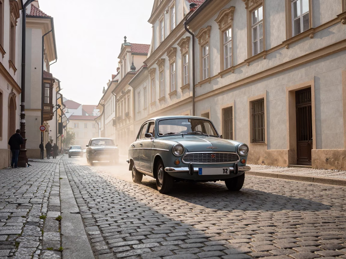 Vintage Car Rally on Cobblestone Street in Prague Late Morning in in Prague, Czech Republic