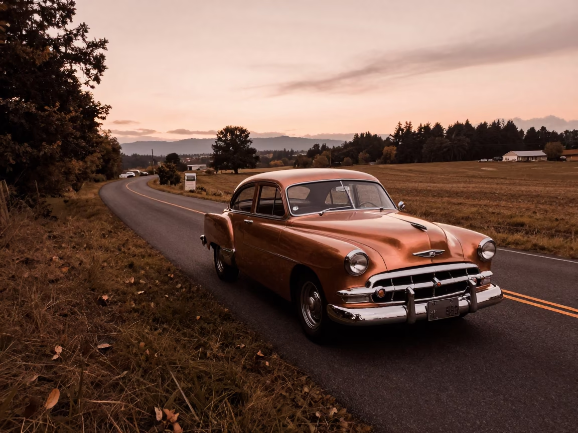 Vintage Car Rally on Countryside Lane in Portland Oregon Before Dusk in in Portland, Oregon, United States