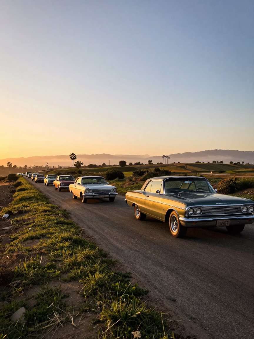 Vintage Car Rally on Countryside Lane Los Angeles California Golden Hour Photograph in in Los Angeles, California, United States