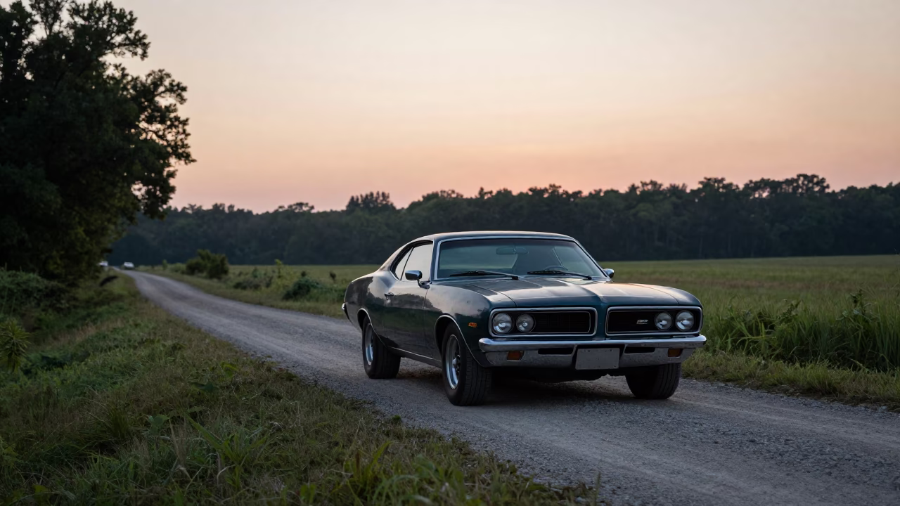 Vintage Car Rally on Countryside Lane Near Nashville Tennessee Before Sunrise in in Nashville, Tennessee, United States