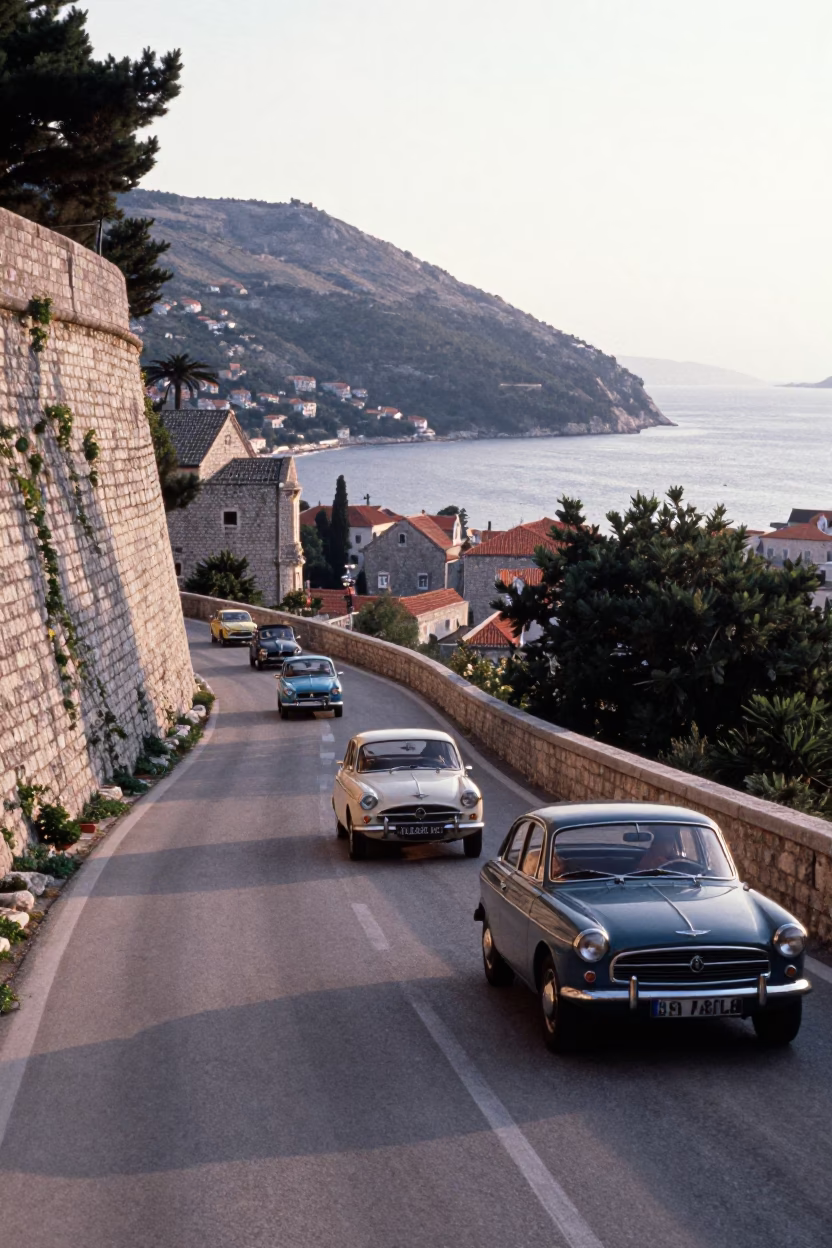 Vintage Car Rally on Croatian Coast Road Just After Sunrise in in Dubrovnik, Croatia