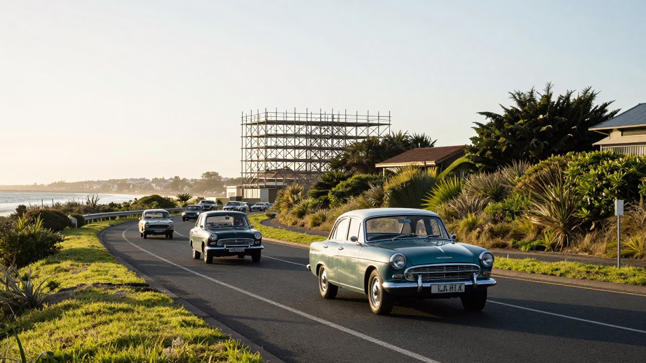 Vintage Car Rally on Durban Coast Road Late Afternoon Light with Geometric Scaffold Joints in in Durban, South Africa