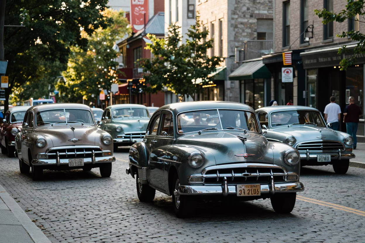 Vintage Car Rally on Montreal Street Late Morning with Paint Flecks and Clothes Brush in in Montreal, Quebec, Canada