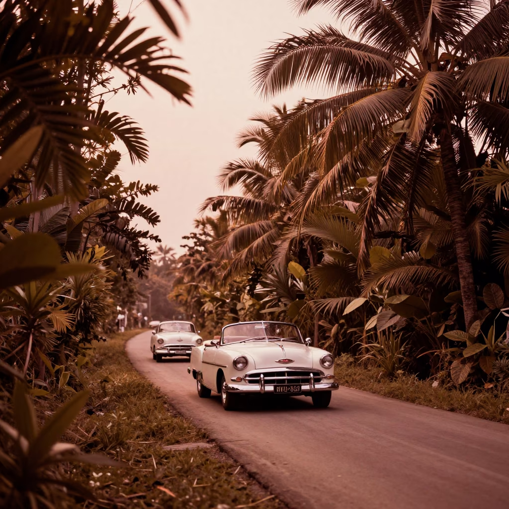 Vintage Car Rally on Phuket Countryside Lane in Copper Toned Dusk Light in in Phuket, Thailand