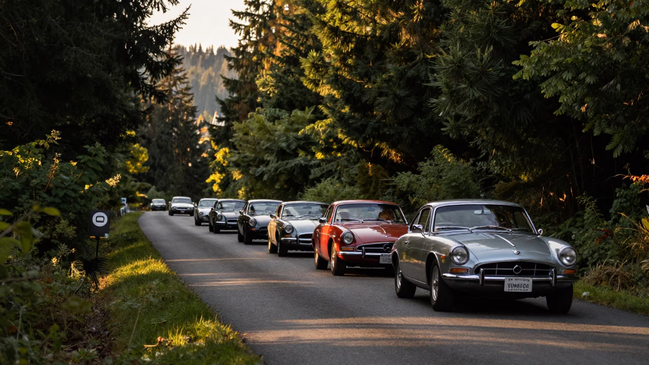 Vintage Car Rally on Seattle Countryside Lane in Honeyed Evening Light in in Seattle, Washington, United States