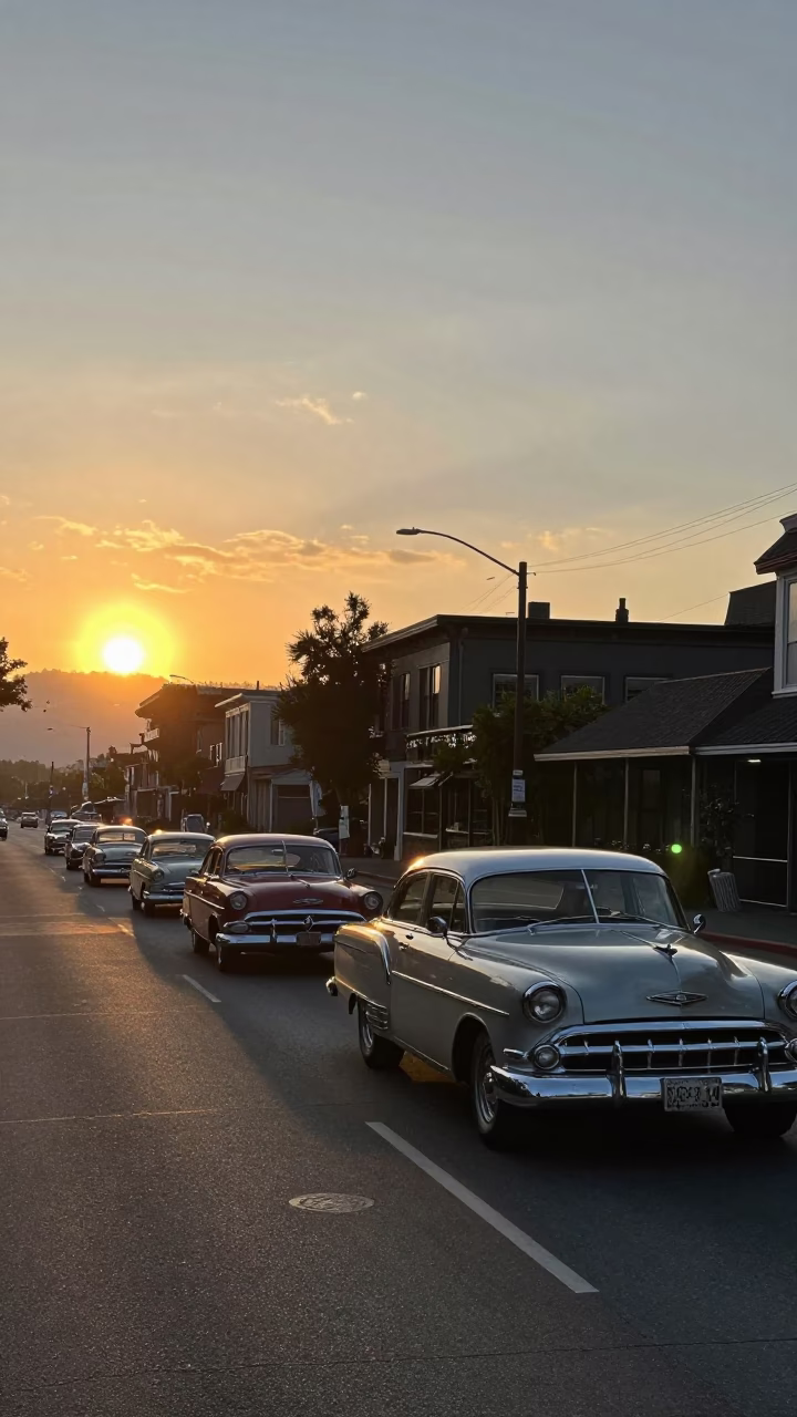 Vintage Car Rally on Seattle Street at Sunset with Delphinium Borders in in Seattle, Washington, United States