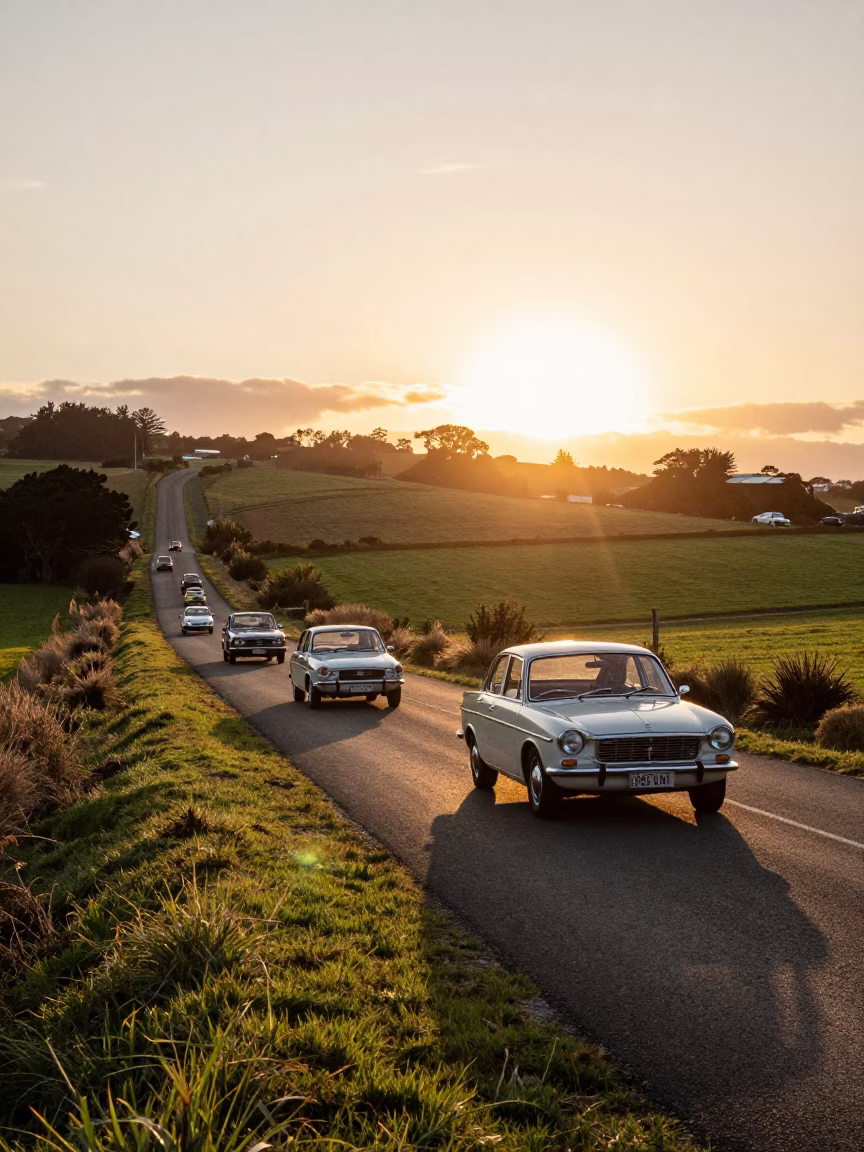 Vintage car rally on Wellington countryside lane at sunset with woven baskets in in Wellington, New Zealand