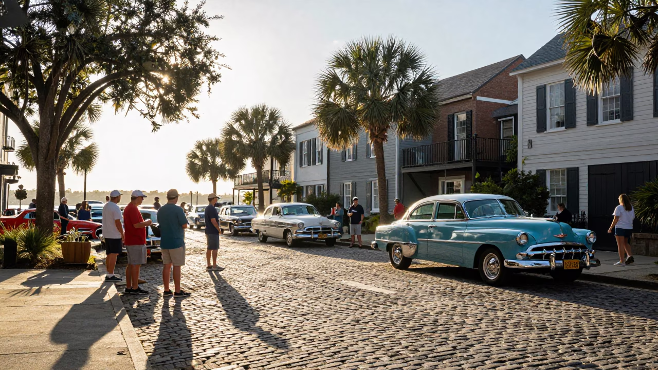 Vintage Car Rally Participants Gather on Charleston Street Just After Sunrise in in Charleston, South Carolina, United States