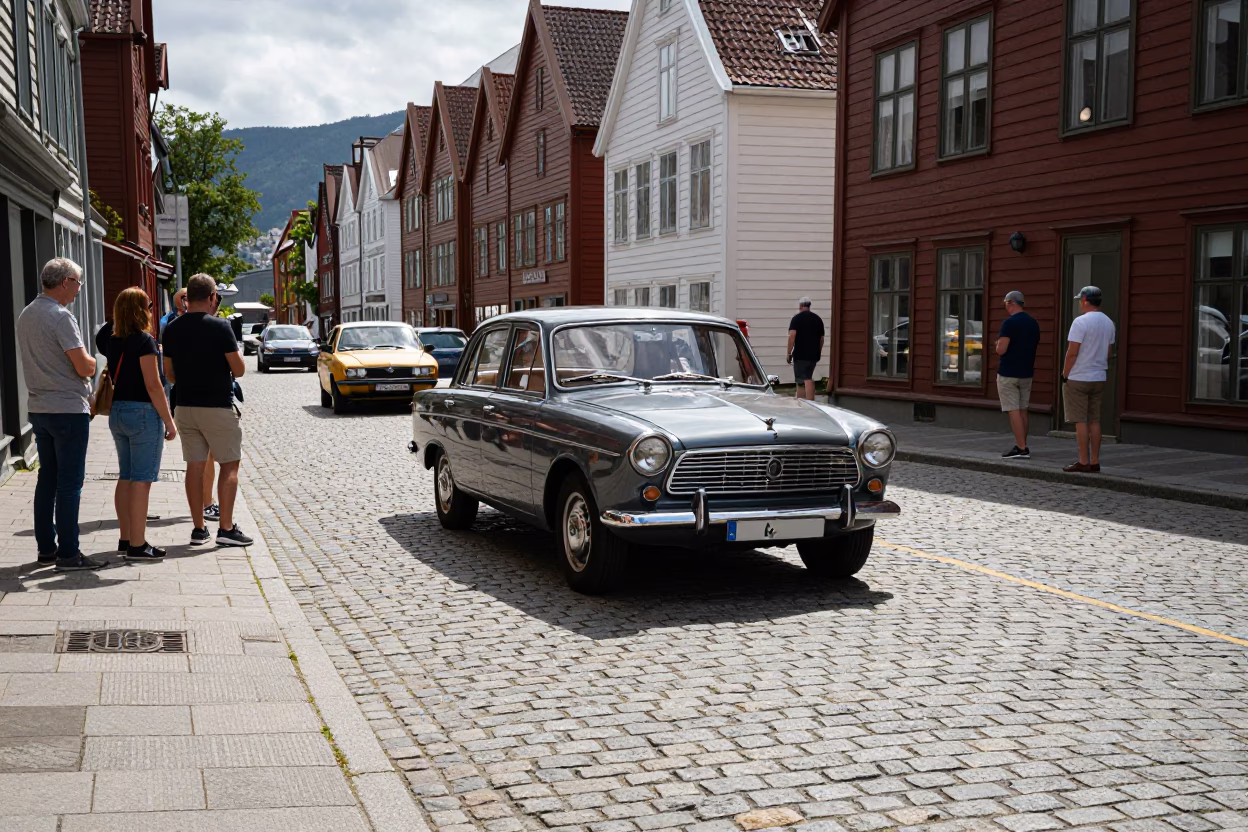 Vintage Car Rally Participants in Bergen Norway Midday Street Scene in in Bergen, Norway