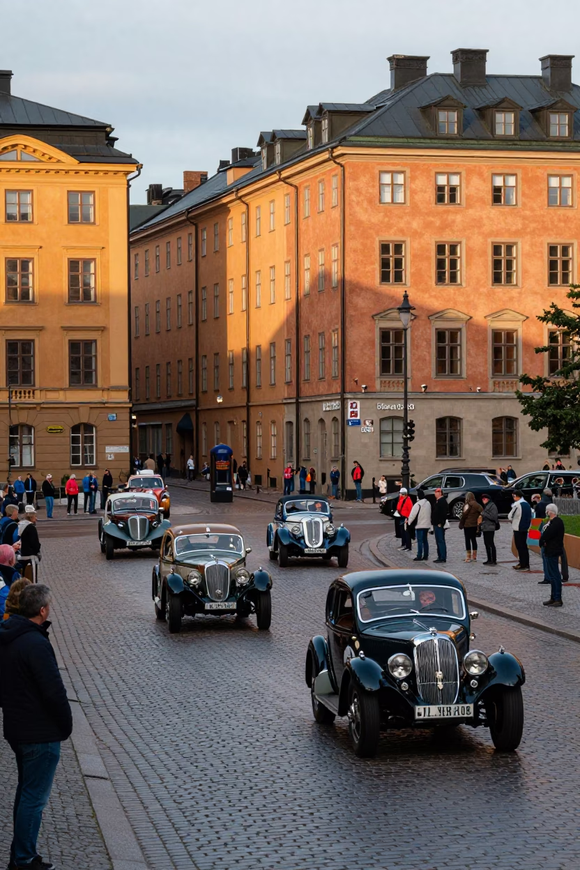 Vintage Car Rally Participants in Stockholm Sweden Late Afternoon Street Scene in in Stockholm, Sweden