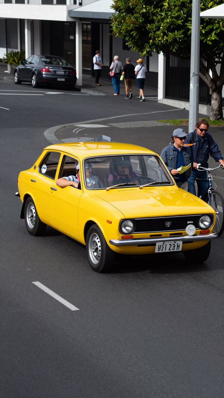 Vintage car rally participants in Wellington New Zealand early afternoon street scene in in Wellington, New Zealand