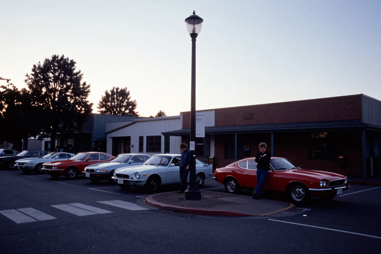 Vintage Car Rally Participants Resting Before Sunrise in Portland Oregon in in Portland, Oregon, United States