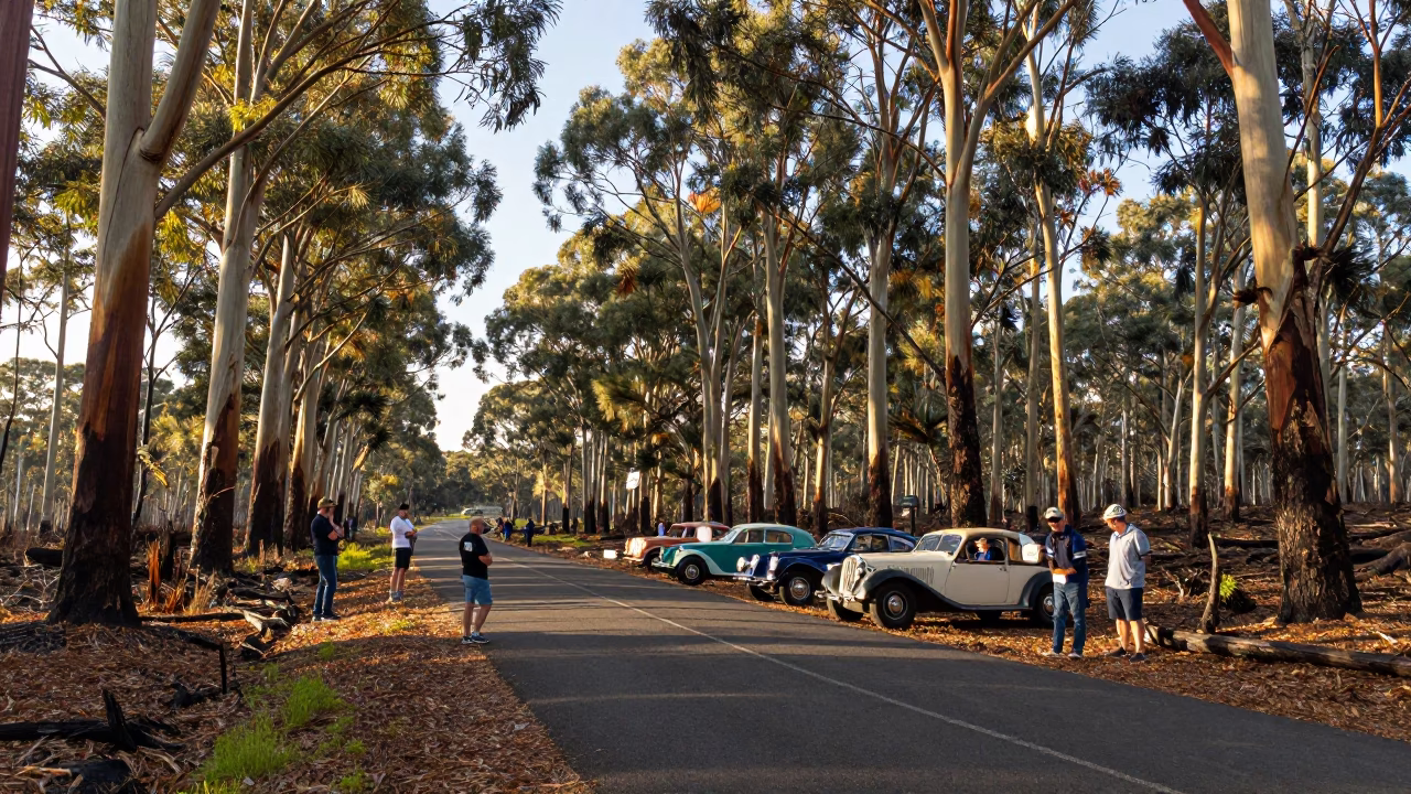 Vintage Car Rally Participants Resting Under Sydney Eucalyptus Canopy in Late Afternoon Light in in Sydney, New South Wales, Australia