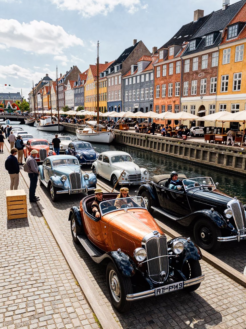 Vintage Car Rally Participants Resting with Copper Pots in Copenhagen Harbor Midday in in Copenhagen, Denmark