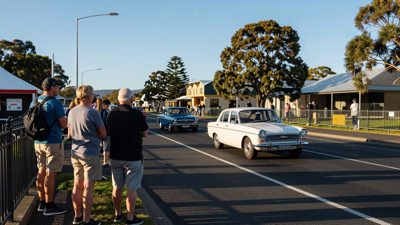 Vintage Car Rally Spectators in Hobart Tasmania Late Afternoon Light in in Hobart, Tasmania, Australia