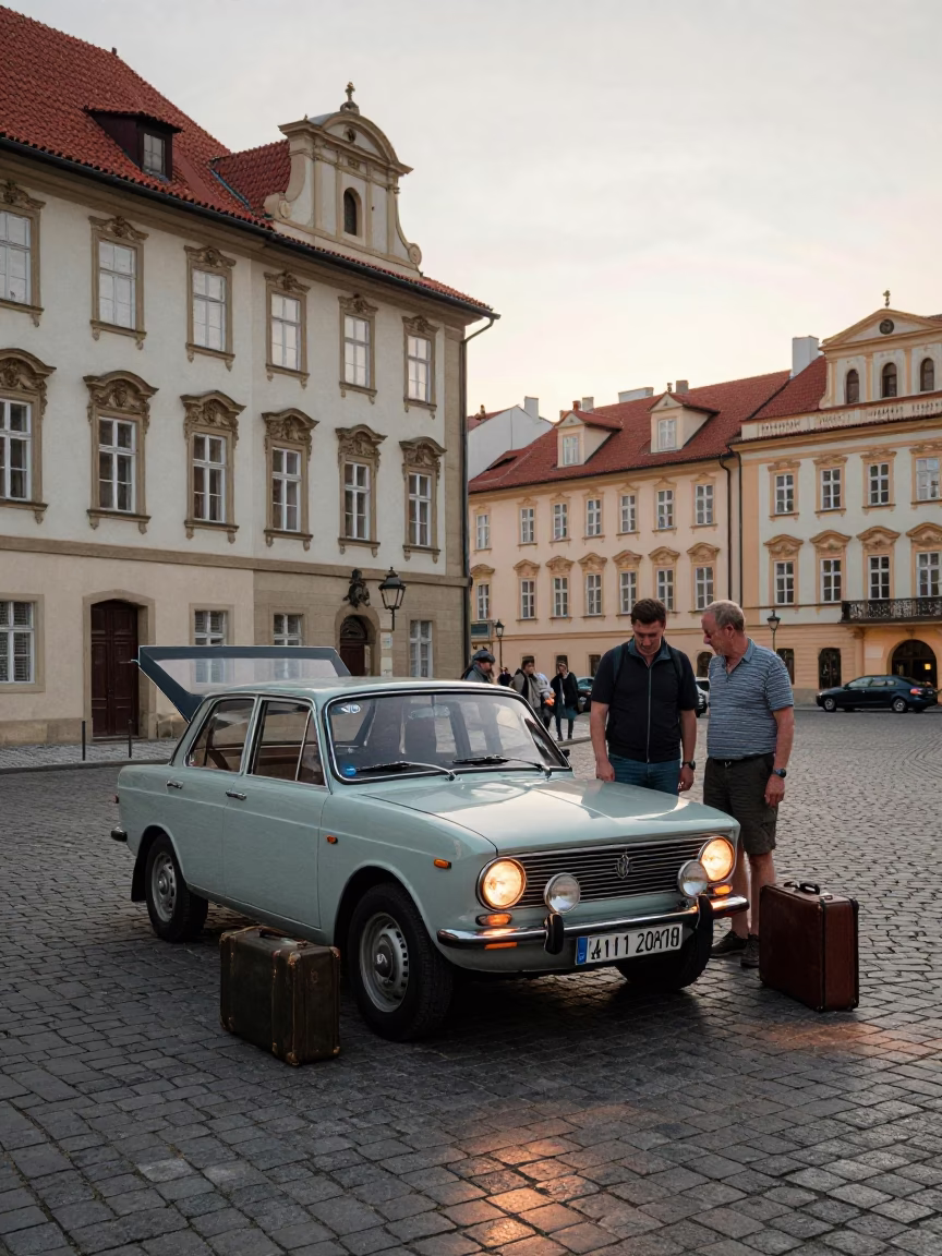 Vintage car rally stop in Prague early evening with suitcases and stopwatch in in Prague, Czech Republic