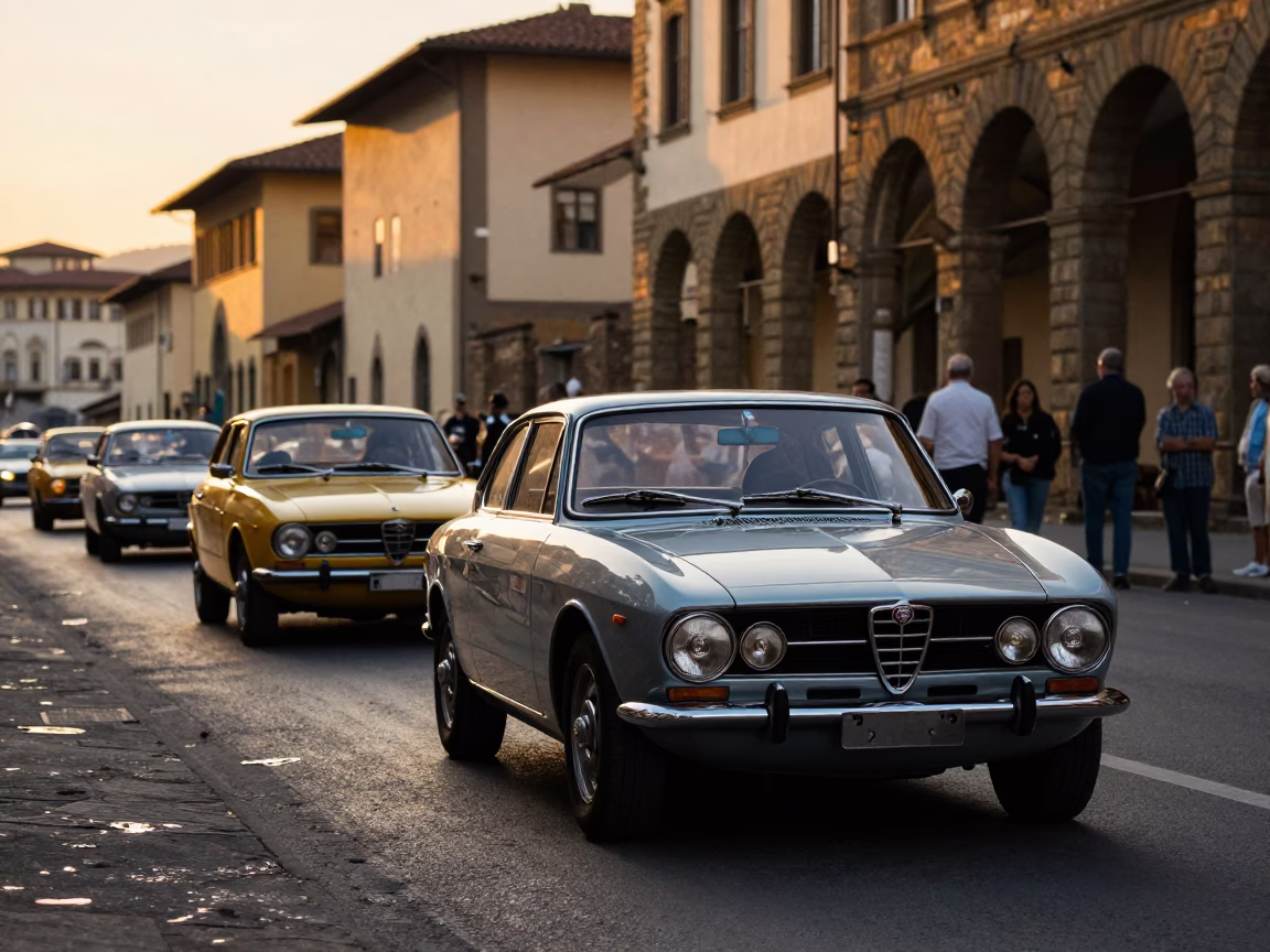 Vintage Car Rally Sunset Florence Italy Historic Center Street Scene in in Florence, Italy