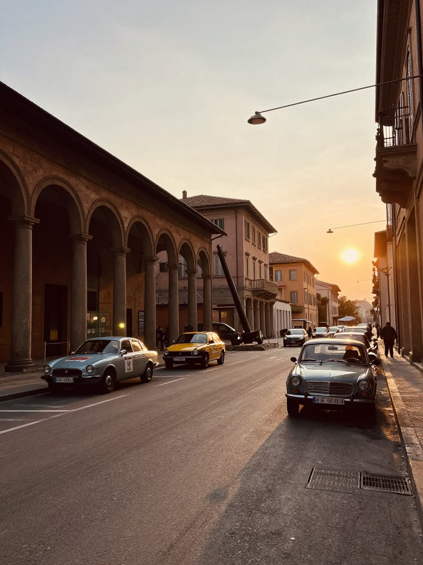 Vintage Car Rally Sunset in Bologna Italy Street Scene in in Bologna, Italy