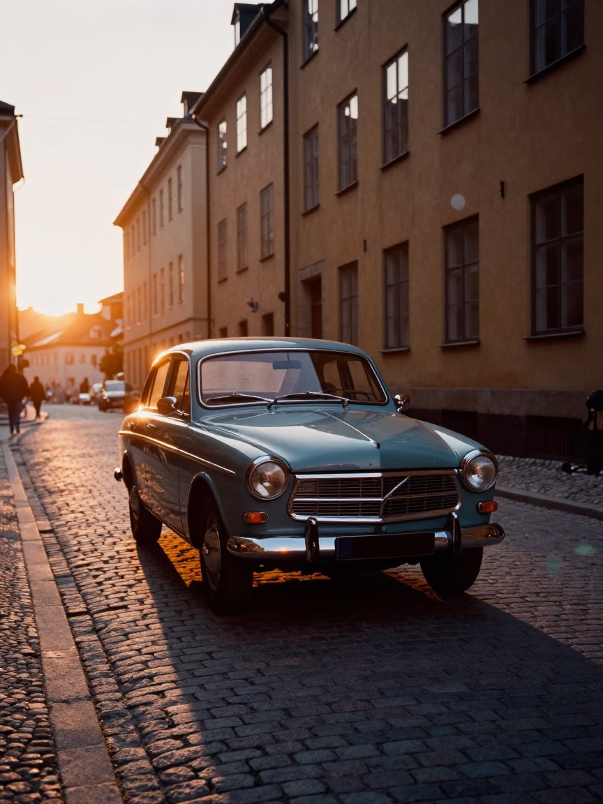 Vintage Car Rally Sunset in Stockholm Sweden with Sun Stripe on Rim in in Stockholm, Sweden