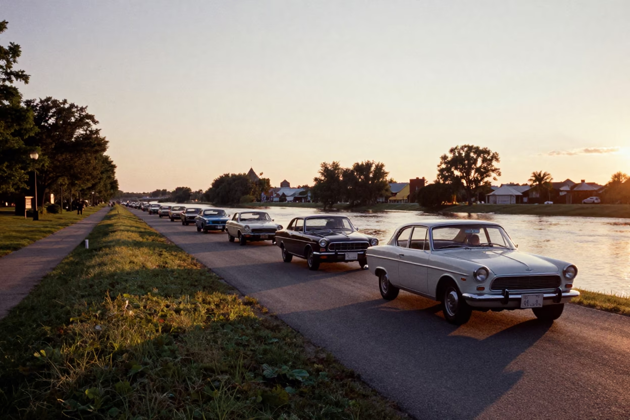 Vintage Car Rally Sunset Quebec City Levee Path Flood Recession Historic Architecture in in Quebec City, Quebec, Canada