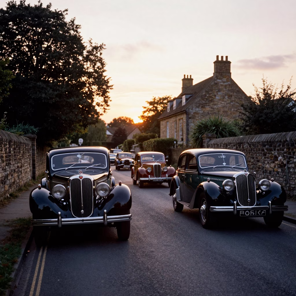 Vintage Car Rally Sunset Scene in Bristol United Kingdom Street Photography in in Bristol, United Kingdom