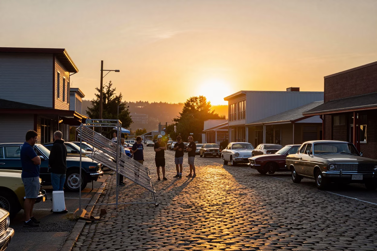 Vintage Car Rally Sunset Scene in Portland Oregon with Drying Rack and Apron in in Portland, Oregon, United States