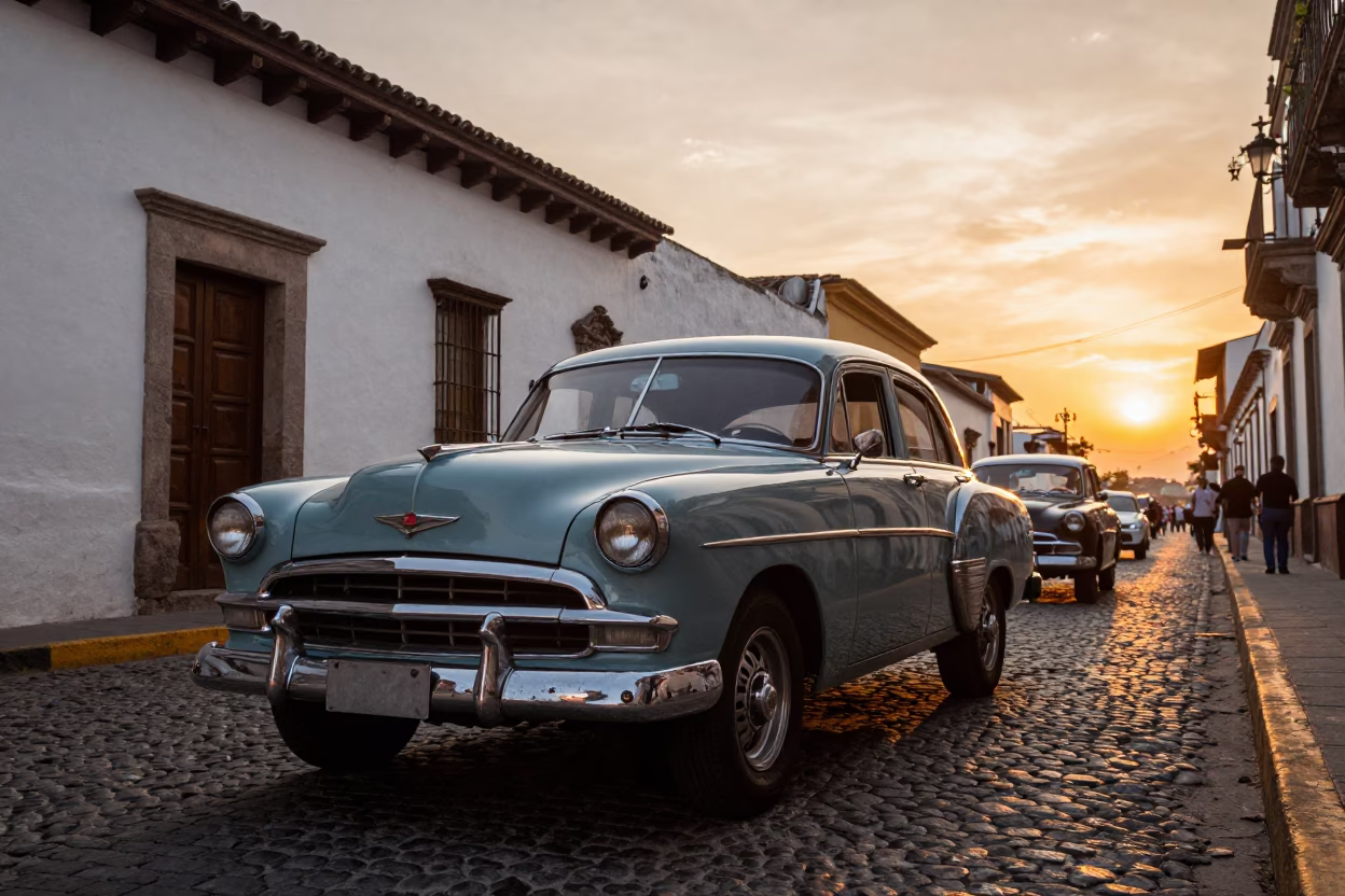 Vintage Car Rally Sunset Street Scene in Historic Quito Ecuador in in Quito, Ecuador
