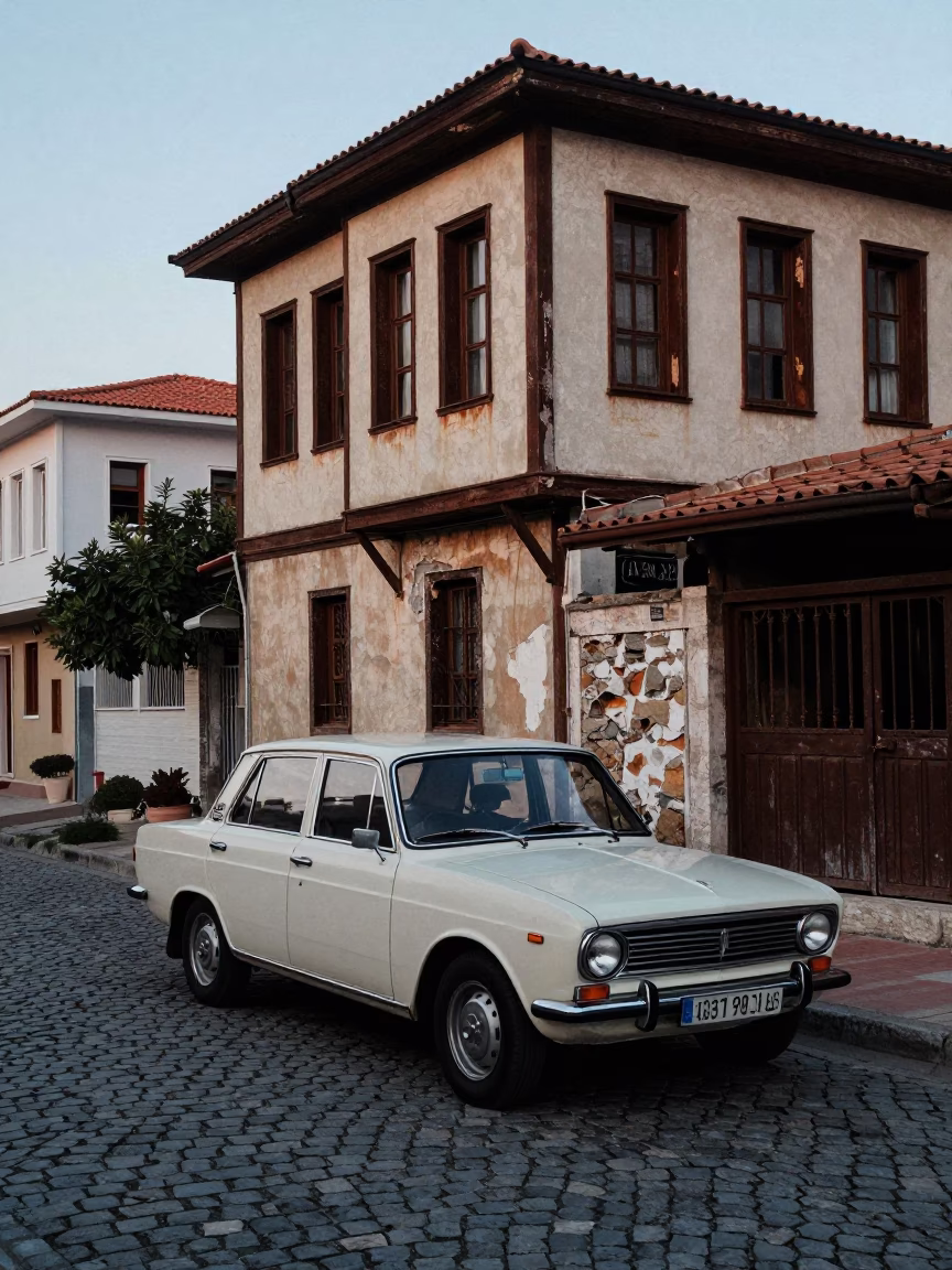 Vintage Car Rally Through Izmir Streets at Early Evening with Rusty Window Frames in in Izmir, Turkey
