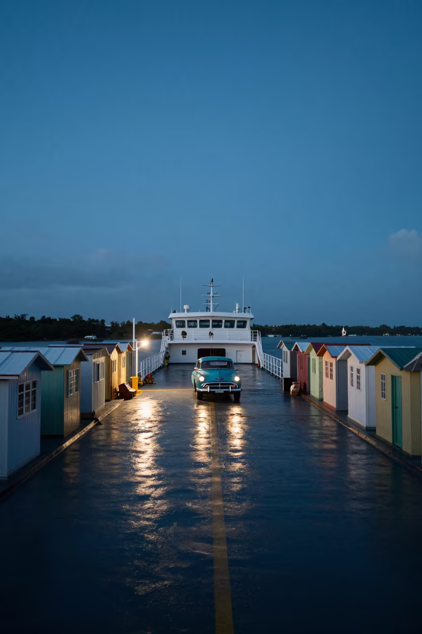 Vintage Car Twilight Ferry Crossing Dominican Republic in across a remote ferry crossing in Dominican Republic