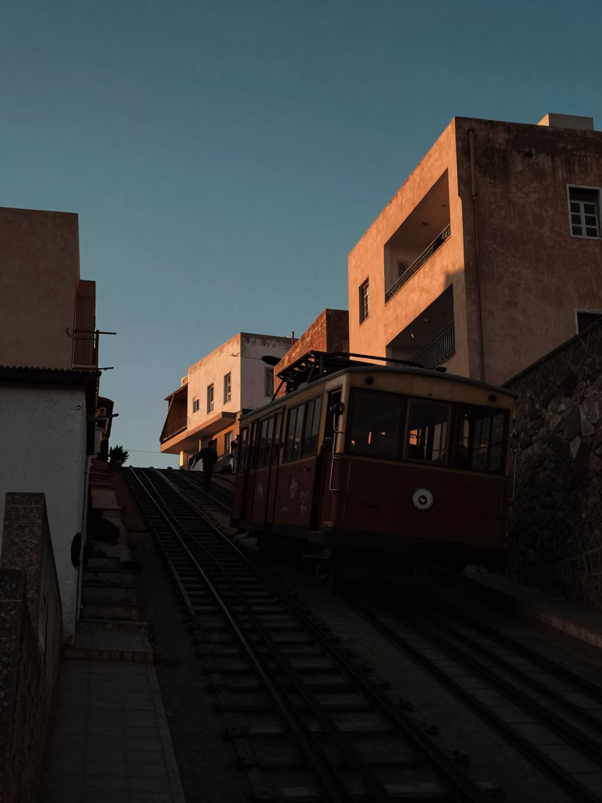 Vintage Casablanca Morning Light on Funicular Railway Tracks Before Dawn in in Casablanca, Morocco