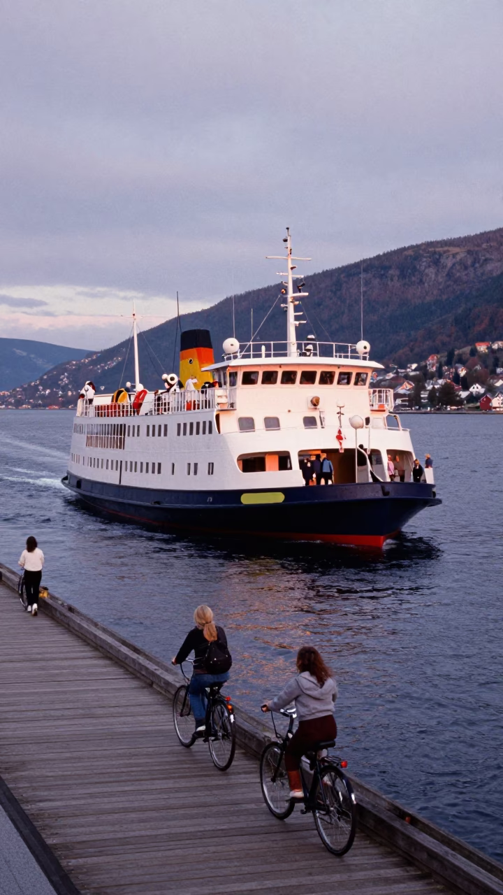 Vintage Chain Ferry Crossing Nautical Dawn in Bergen Norway with Colorful Wharf Activity in in Bergen, Norway