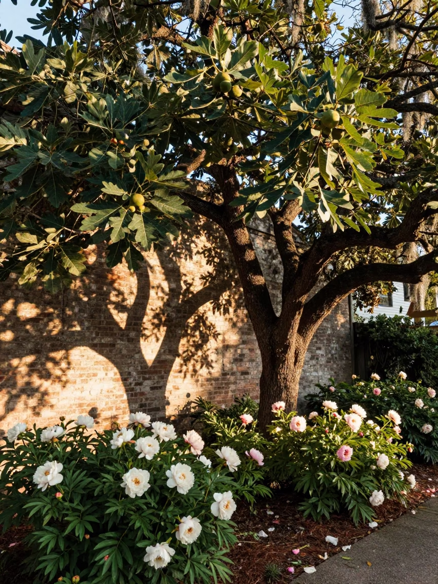 Vintage Charleston Afternoon Fig Tree Shade with Garden Peonies Bloom in in Charleston, South Carolina, United States
