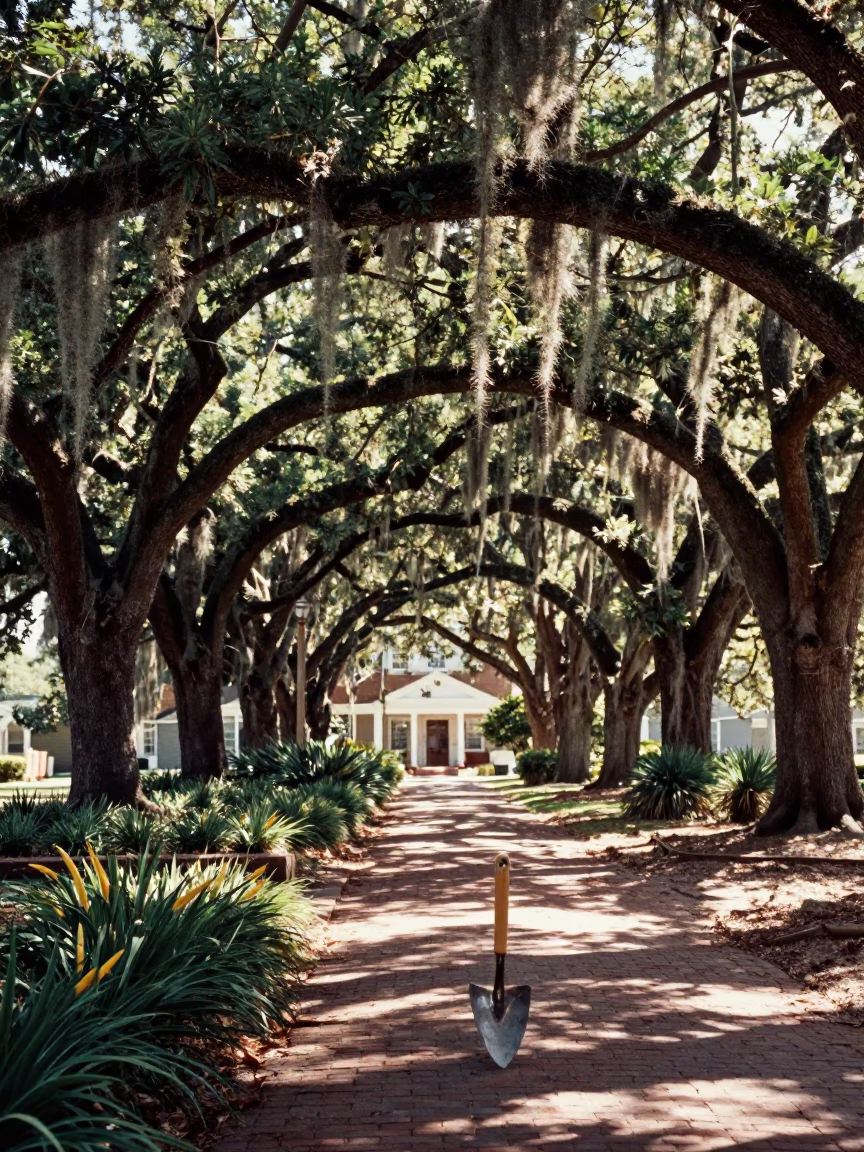 Vintage Charleston Afternoon Scene with Trowel and LeMon Grass in Historic Garden Setting in in Charleston, South Carolina, United States