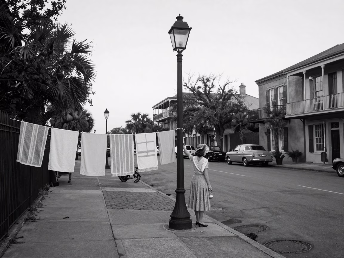 Vintage Charleston Dawn Street Scene with Drying Towels and Cobalt Beaker in in Charleston, South Carolina, United States