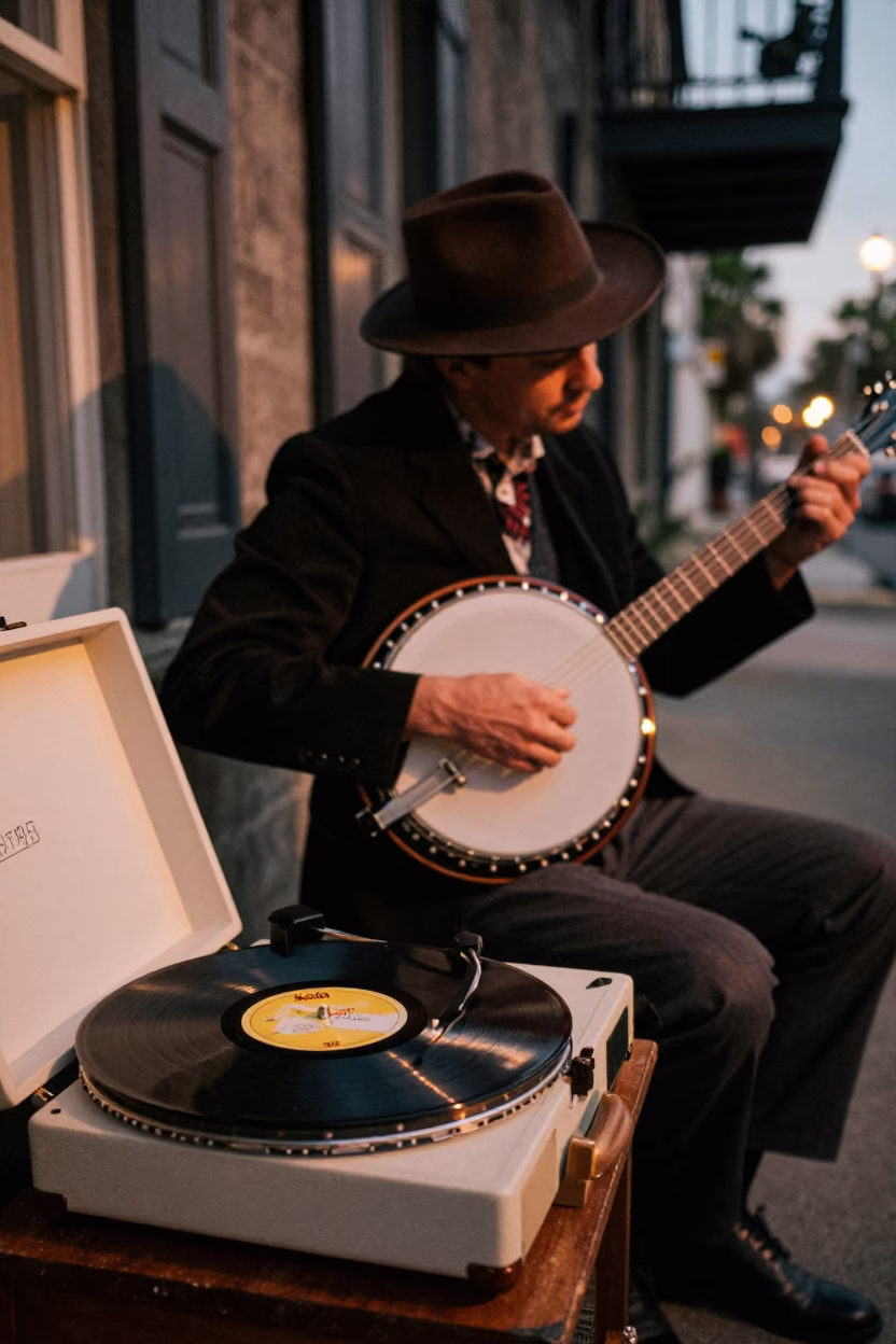 Vintage Charleston Evening Scene with Banjo Player and Record Player in Copper Toned Light in in Charleston, South Carolina, United States