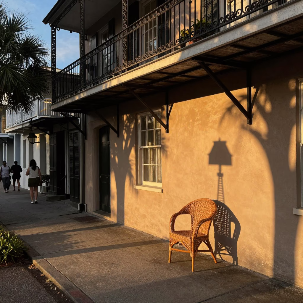 Vintage Charleston Evening Scene with Wicker Lamp Shadow and Local Street Activity in in Charleston, South Carolina, United States