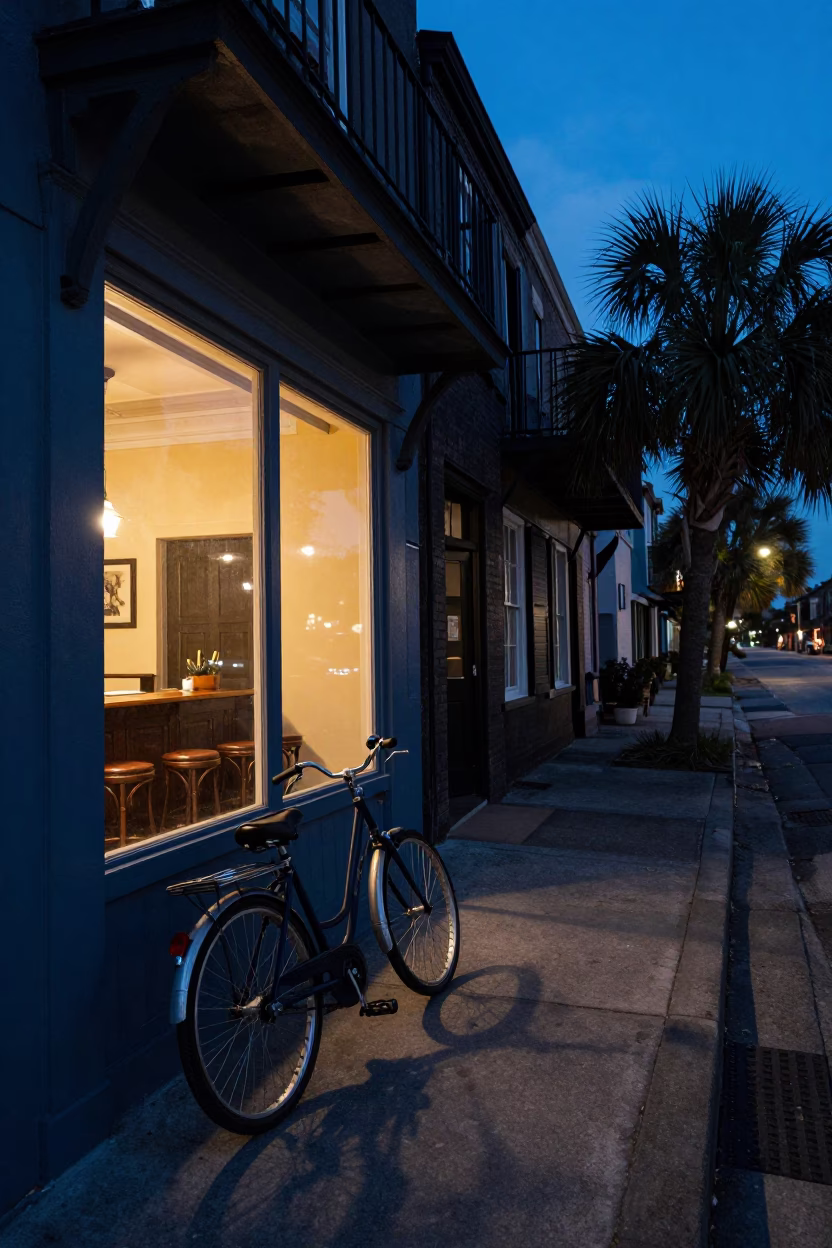 Vintage Charleston Evening Street Scene with Bicycle and Cafe Interior in in Charleston, South Carolina, United States