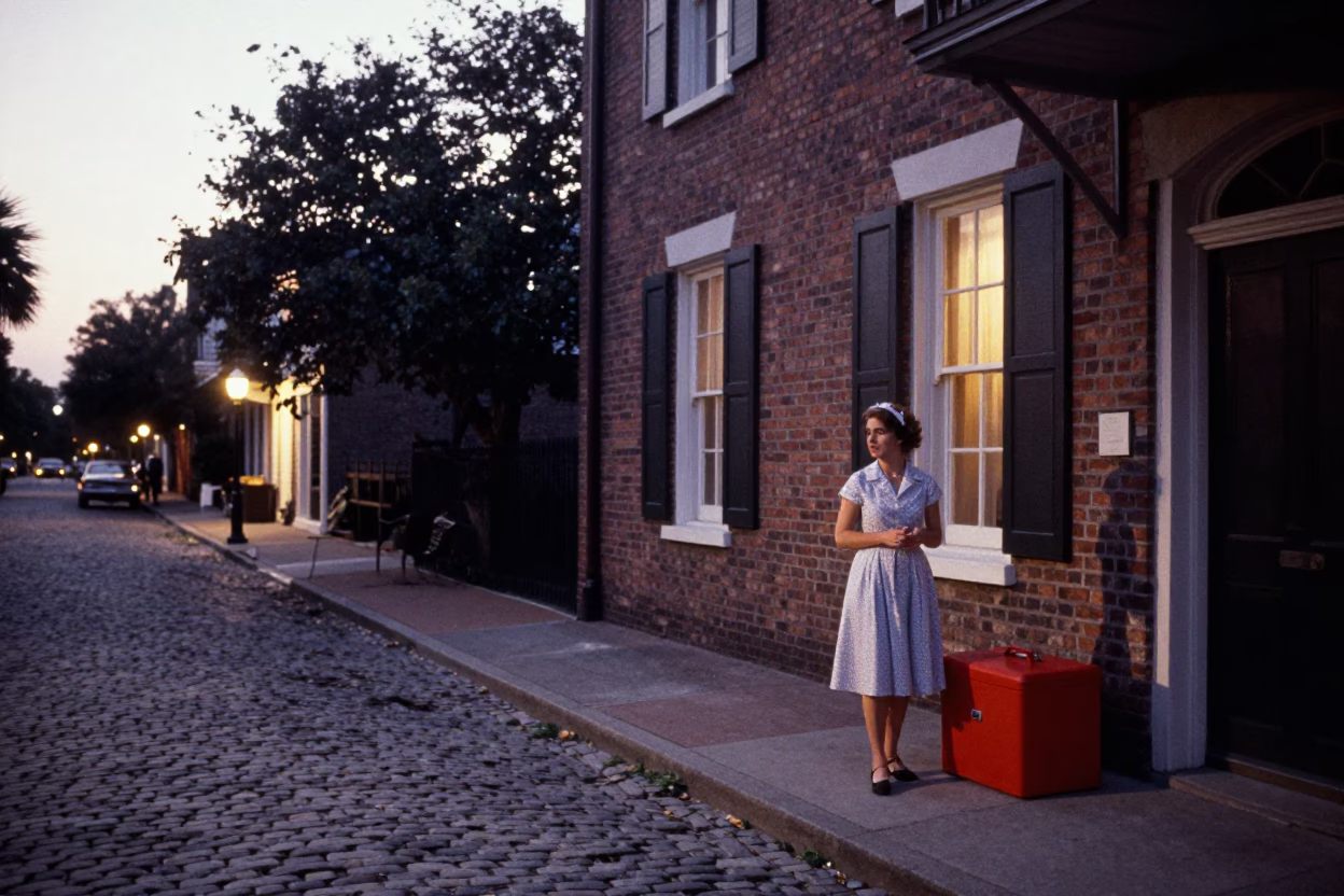 Vintage Charleston Evening Street Scene with Hatbox and Cobblestone in in Charleston, South Carolina, United States