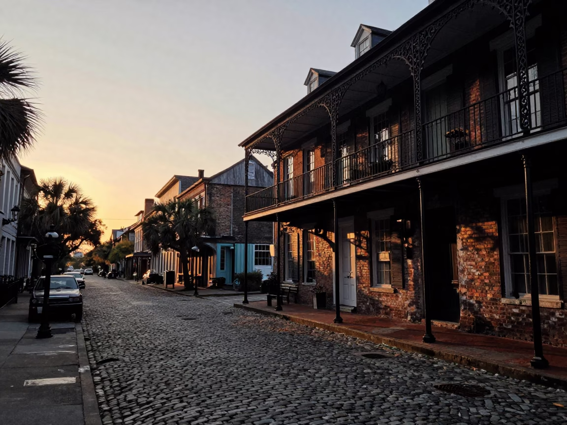 Vintage Charleston Evening Street Scene with Historic Ironwork and Harbor Activity in in Charleston, South Carolina, United States