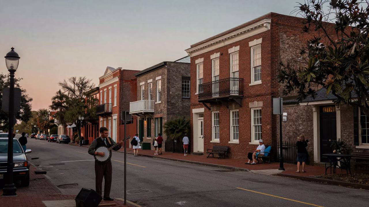 Vintage Charleston Evening Street Scene with Local Banjo Musician and Cobblestone Architecture in in Charleston, South Carolina, United States