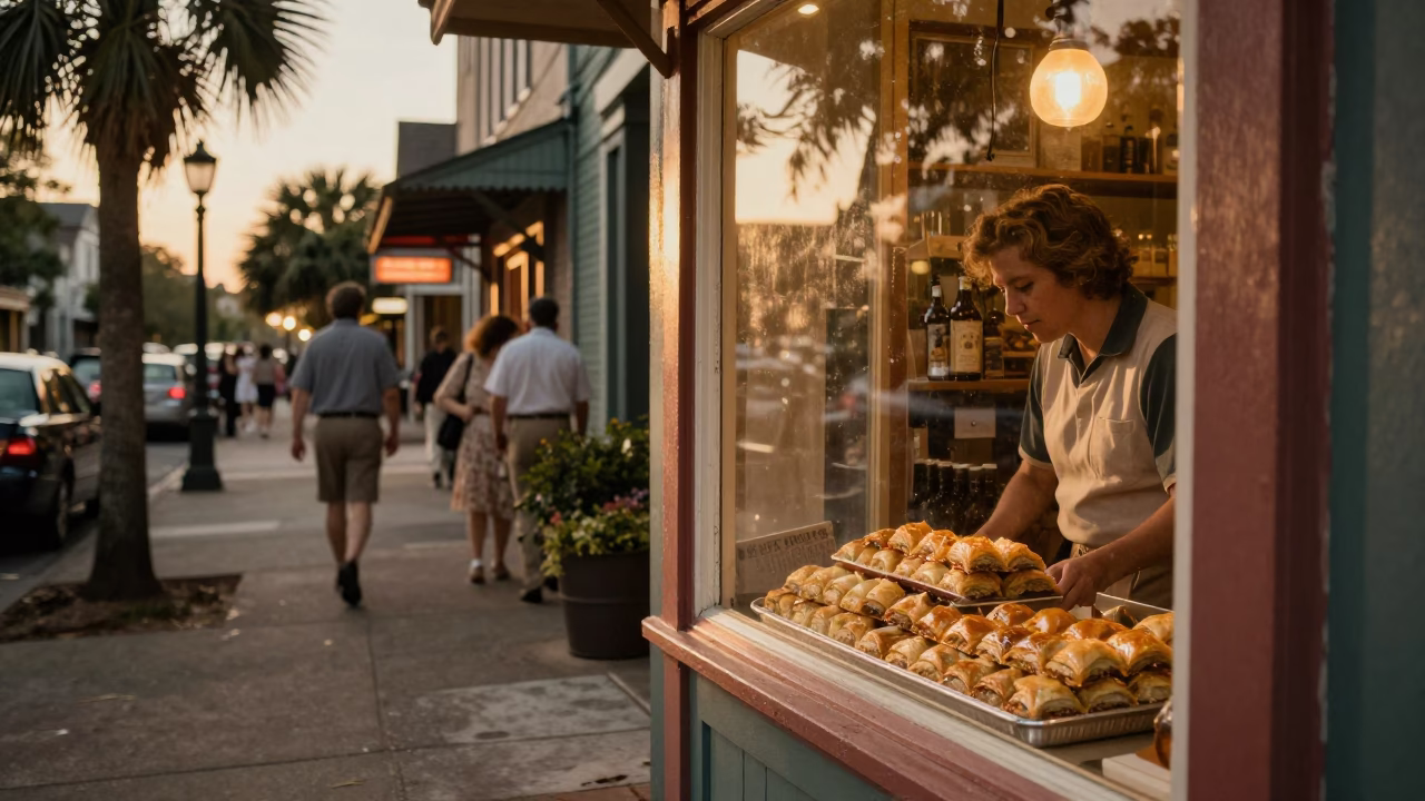 Vintage Charleston Evening Street Scene with Local Shop Display and Kite Festival Background in in Charleston, South Carolina, United States
