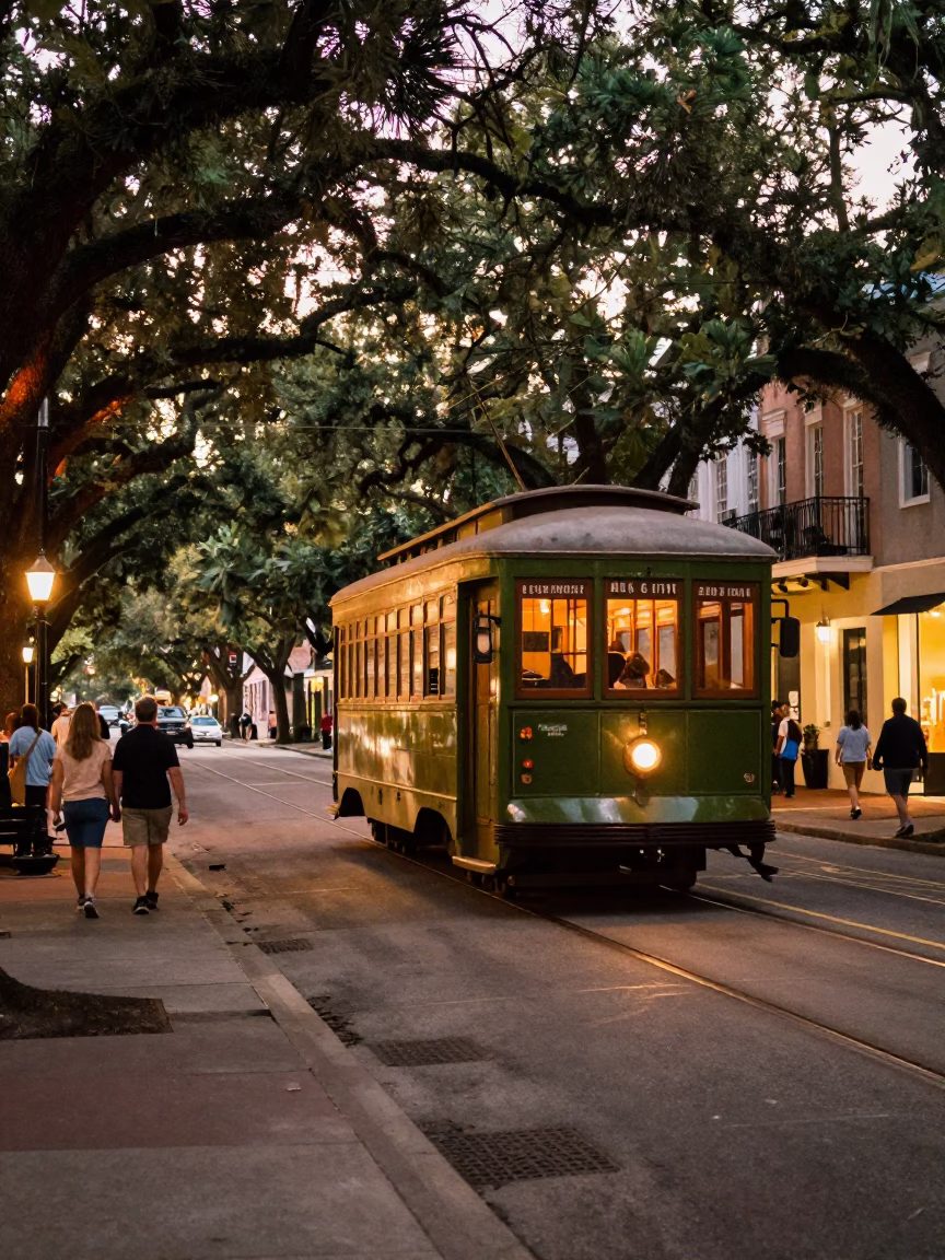 Vintage Charleston Evening Street Scene with Old Trolley and Travelers in in Charleston, South Carolina, United States