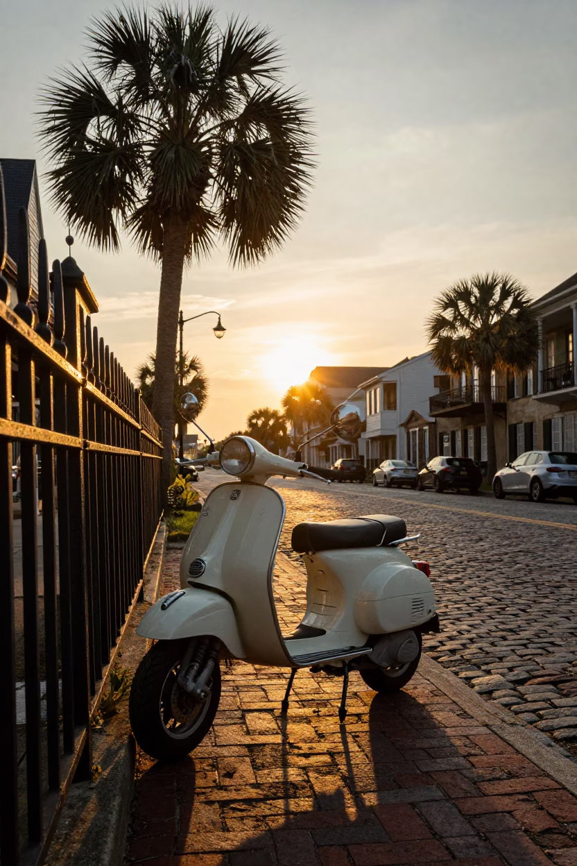 Vintage Charleston Harbor Sunset Scooter and Historic Brick Street Scene in in Charleston, South Carolina, United States