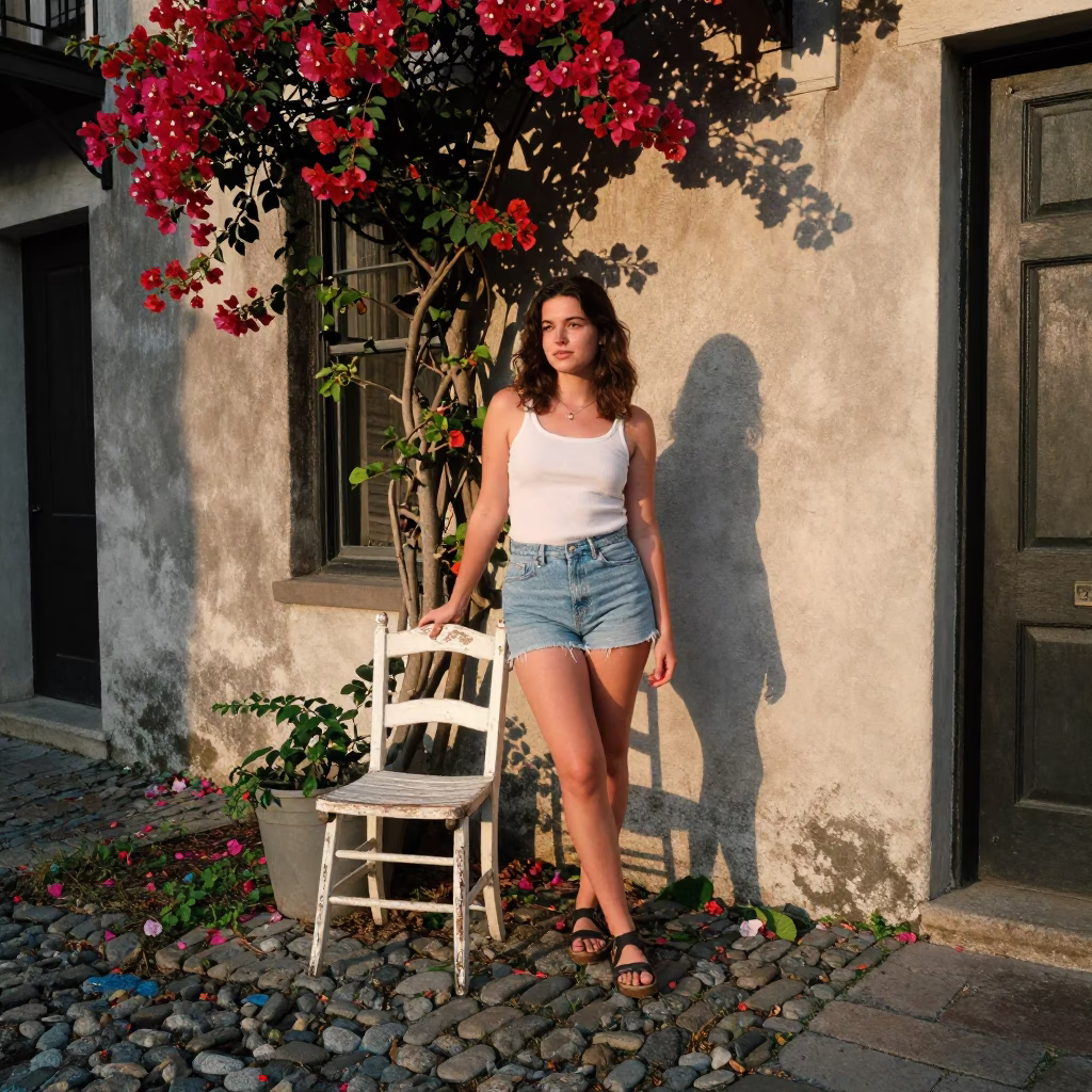 Vintage Charleston Late Afternoon Portrait with Bougainvillea Ladder Back Chair in in Charleston, South Carolina, United States