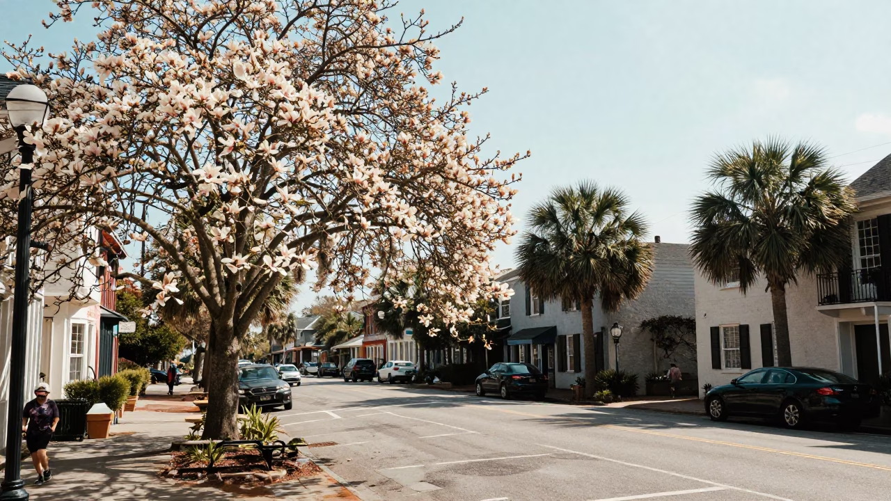 Vintage Charleston Late Morning Street Scene with Magnolia Tree Bloom and Historic Architecture in in Charleston, South Carolina, United States