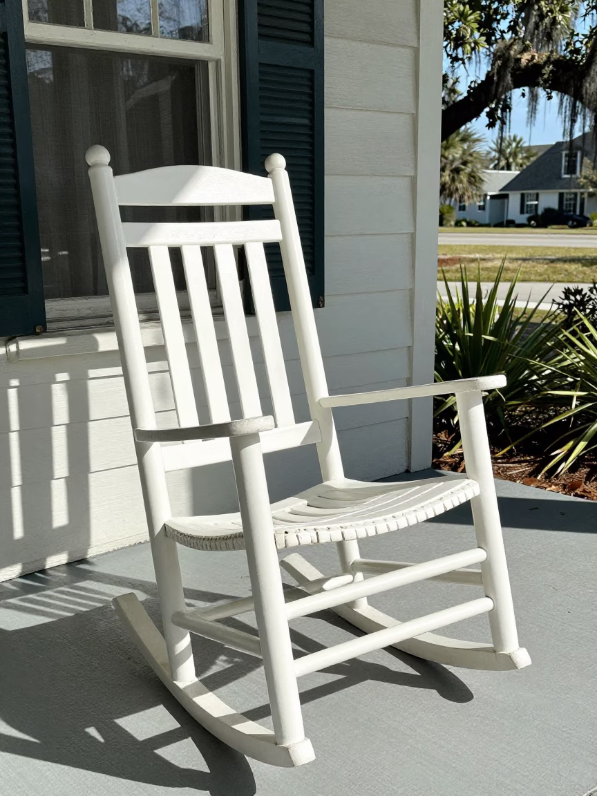Vintage Charleston Porch Rocking Chair in Bright Midmorning Light in in Charleston, South Carolina, United States
