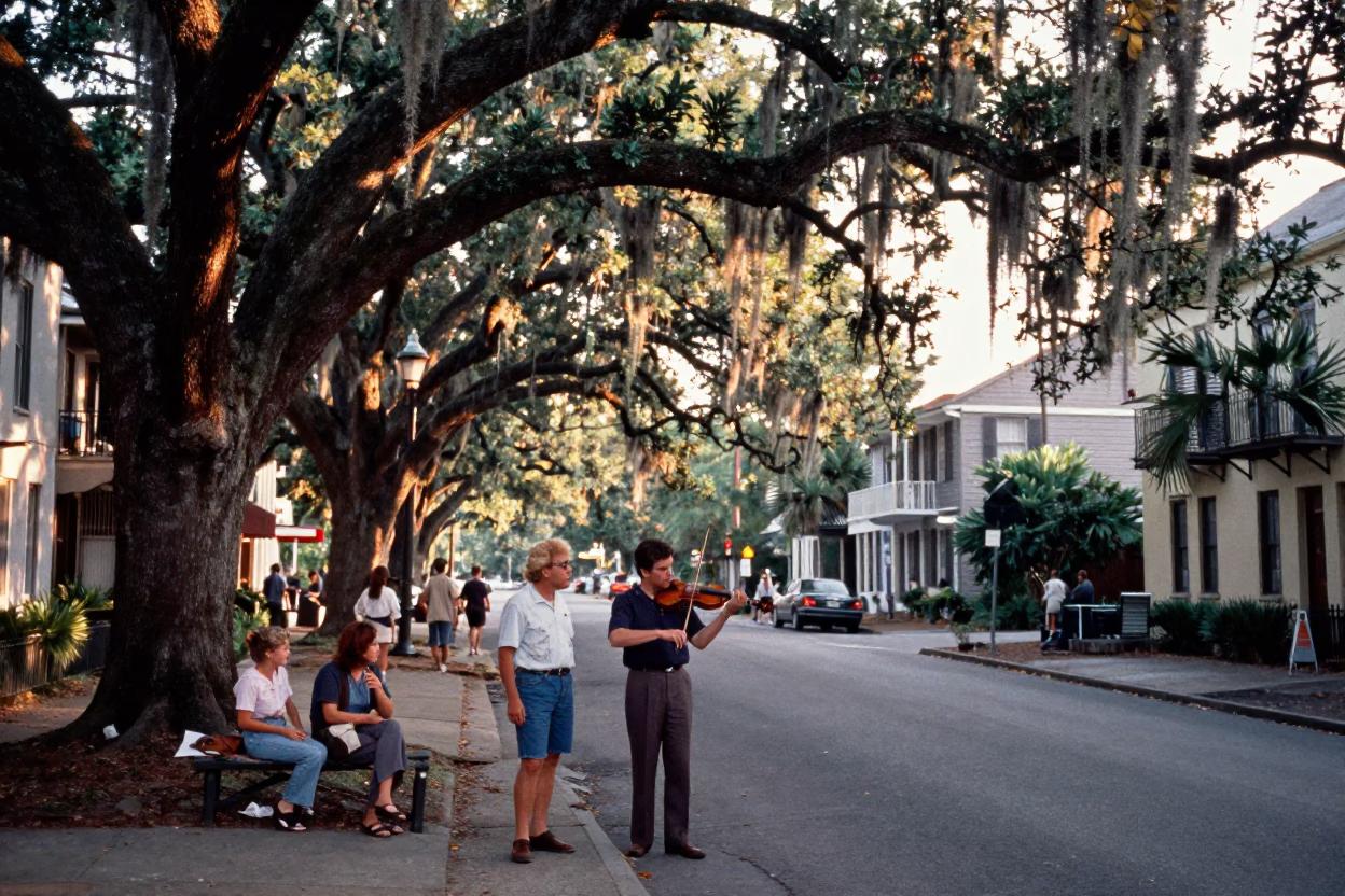 Vintage Charleston South Carolina Late Afternoon Street Scene with Violin and Historic Architecture in in Charleston, South Carolina, United States
