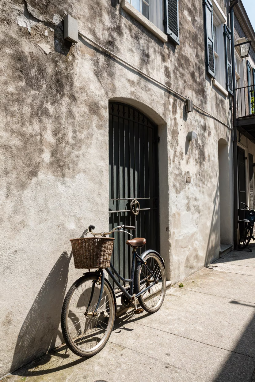 Vintage Charleston South Carolina Midday Street Scene with Bicycle Basket and Cobblestone Alley in in Charleston, South Carolina, United States